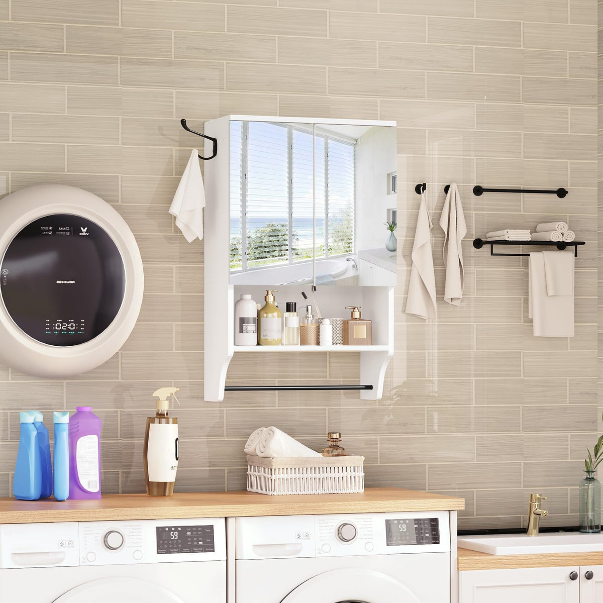 White Wall Mounted Bathroom Cabinet with Mirror and Adjustable Shelf R478760