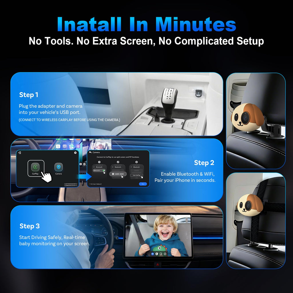 Baby Car Camera with Wireless CarPlay Adapter, 1080P HD, IR Night Vision, 150° Wide-Angle C3167
