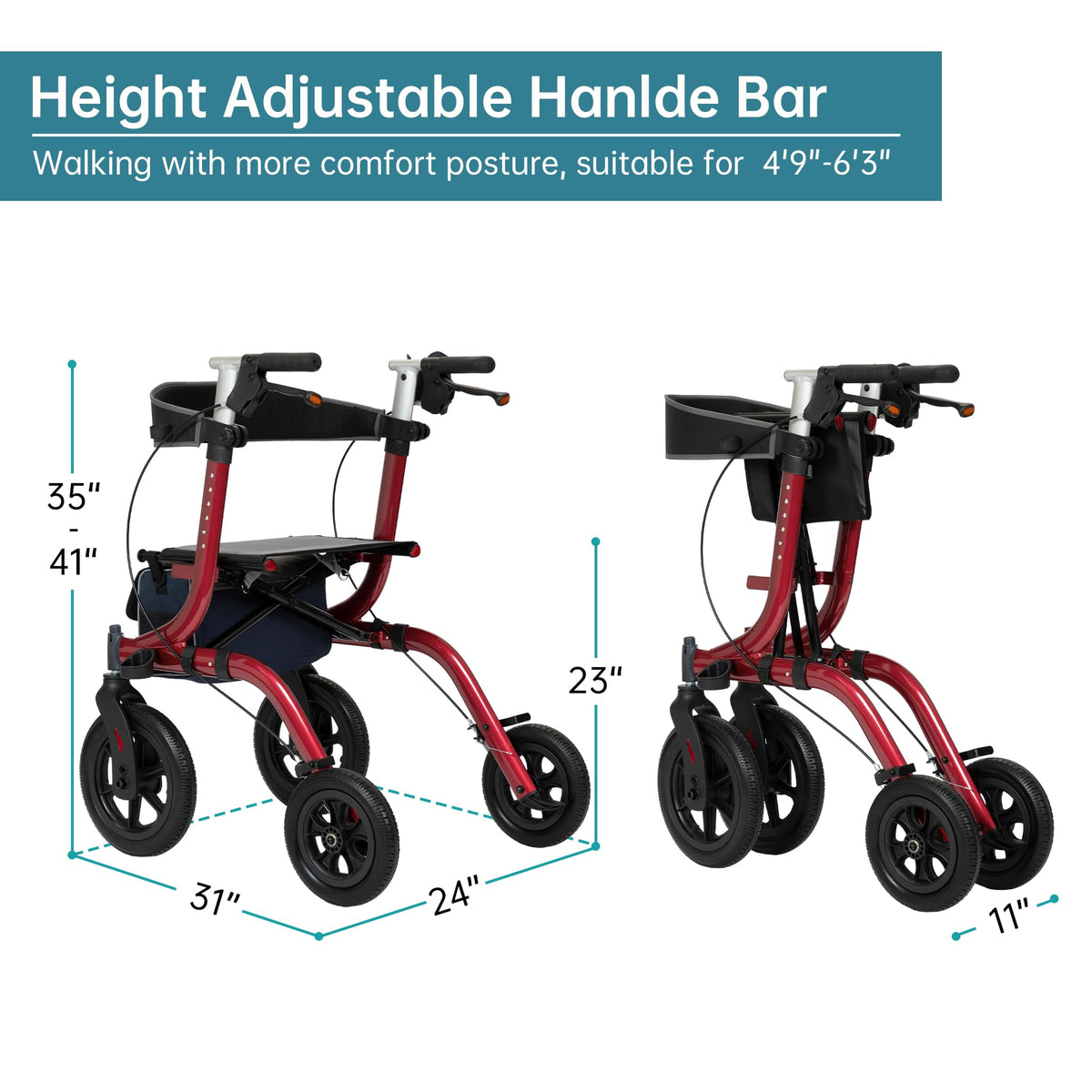 All-Terrain Rollator Walker with Seat, 12” Non-Pneumatic Tire Front Wheels, Compact Folding, Red P8170
