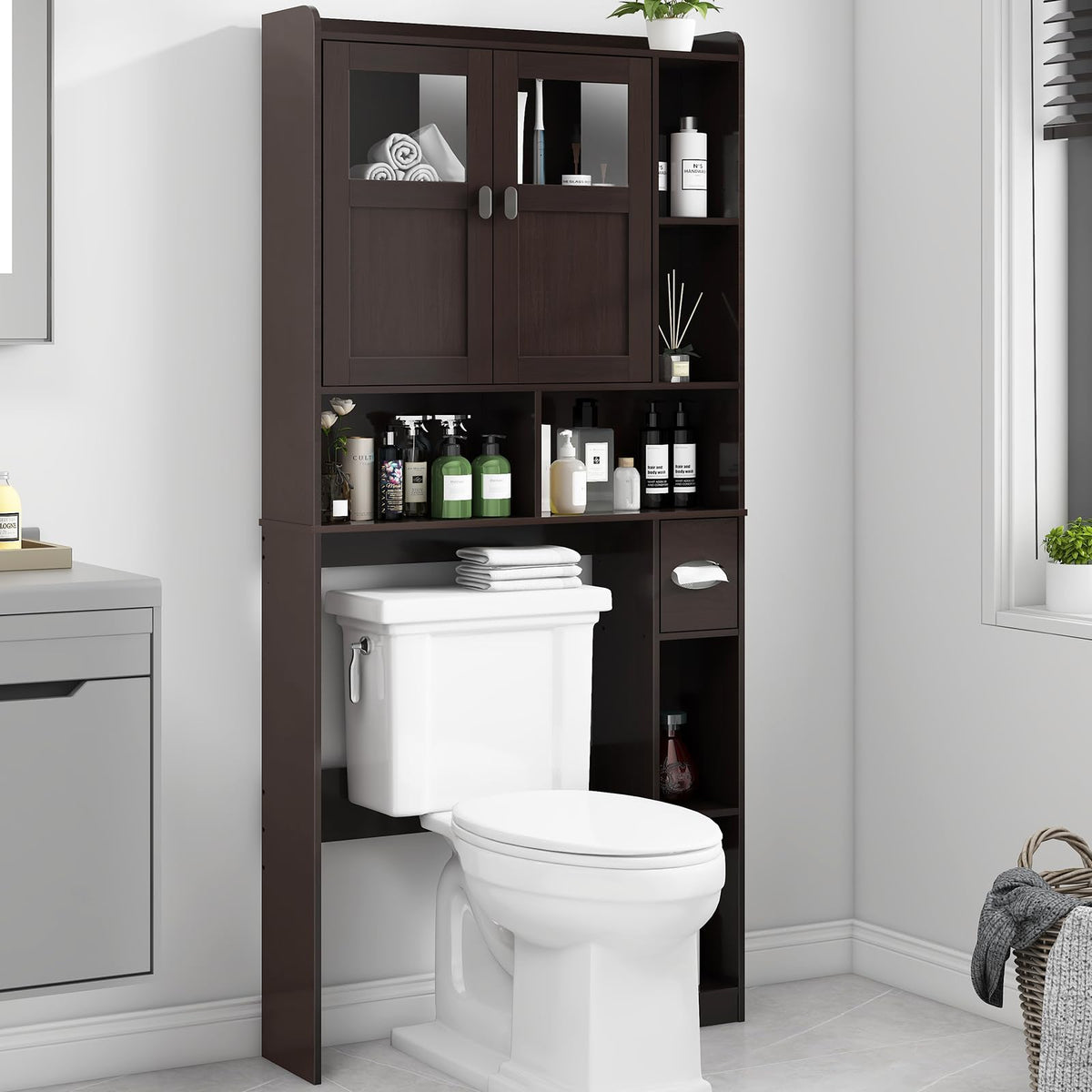 Over The Toilet Storage Cabinet with Doors and Shelves N802