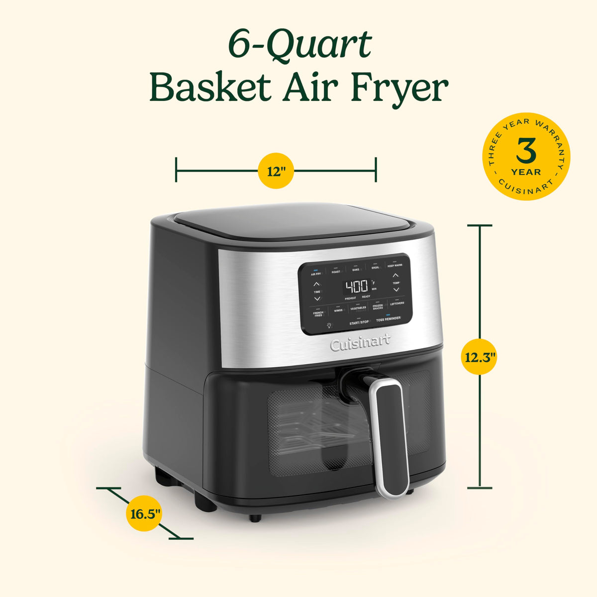 6-Quart Air Fryer with 5 Cooking Functions, Stainless Steel & Black Y400