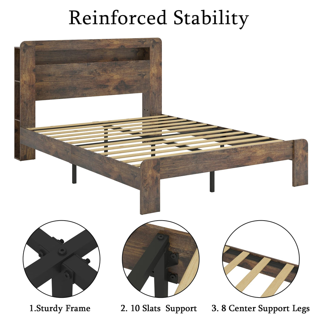 Full Size Dark Brown Wood Platform Bed Frame with Storage N233379