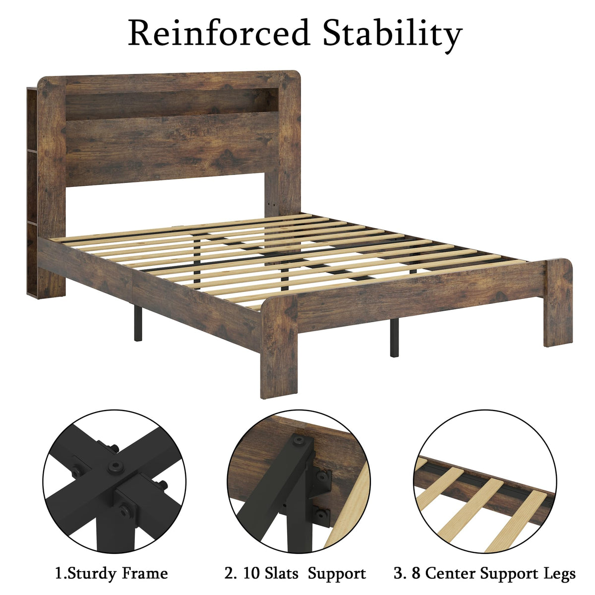 Full Size Dark Brown Wood Platform Bed Frame with Storage N233379