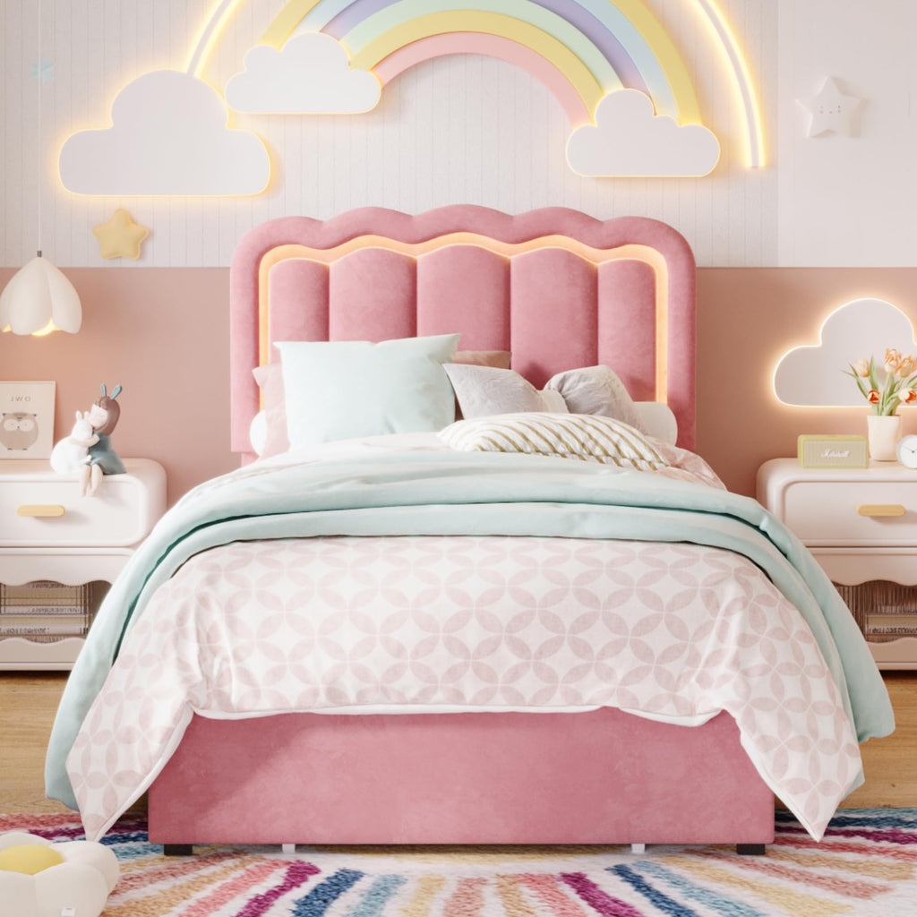Twin Size Bed Frame with LED Lights and Storage Drawer F139364