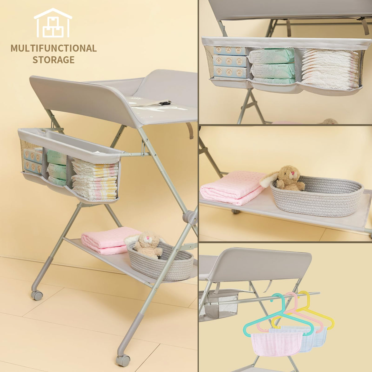 Baby Changing Table with Wheels, Portable Diaper Changing Station with 4-Level Height Adjustment W2931