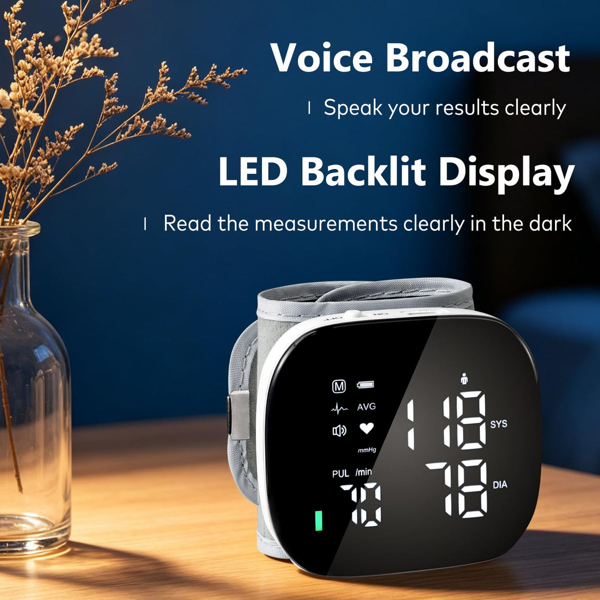 Wrist Blood Pressure Monitor Rechargeable Digital Voice Broadcast LED Backlit 199 Memory Storage for 2 Users with Carrying Case Q77585