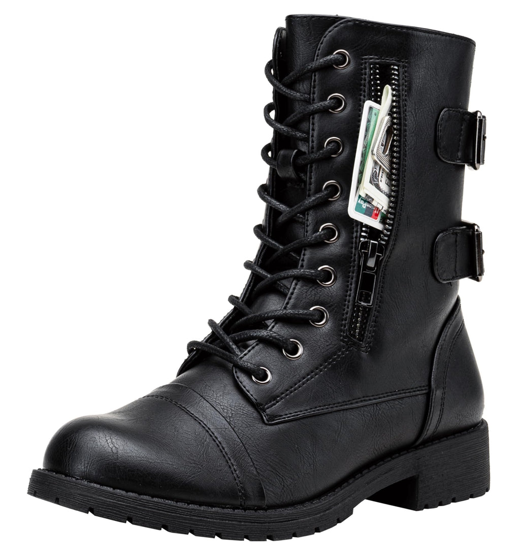 Women's Lace Up Mid Calf Combat Boots with Pocket B7458