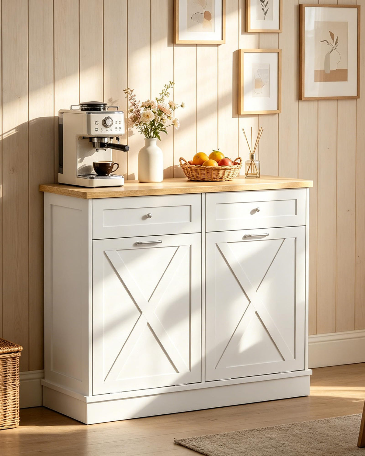2x10 Gallon Tilt Out Trash Cabinet with Hideaway Drawers, White O453