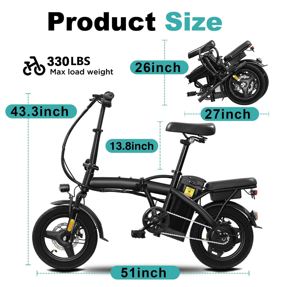 Electric Bike 1200W Peak Motor 20-28MPH 32 Miles Range Removable Battery L477