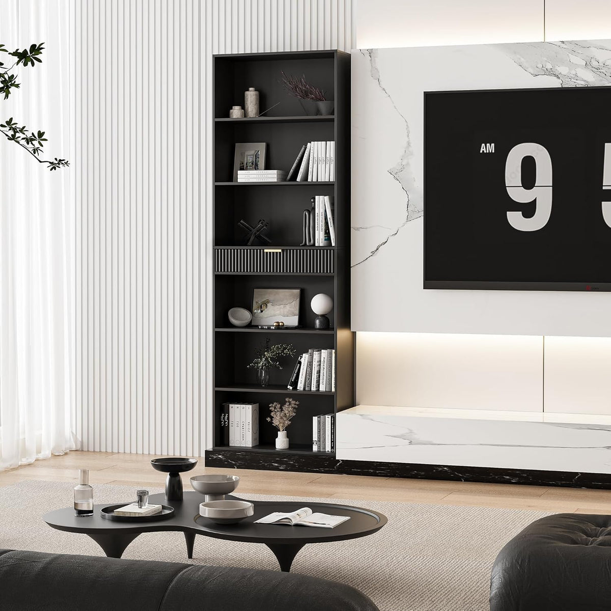 7-Tier Black Bookshelf with Drawer C576