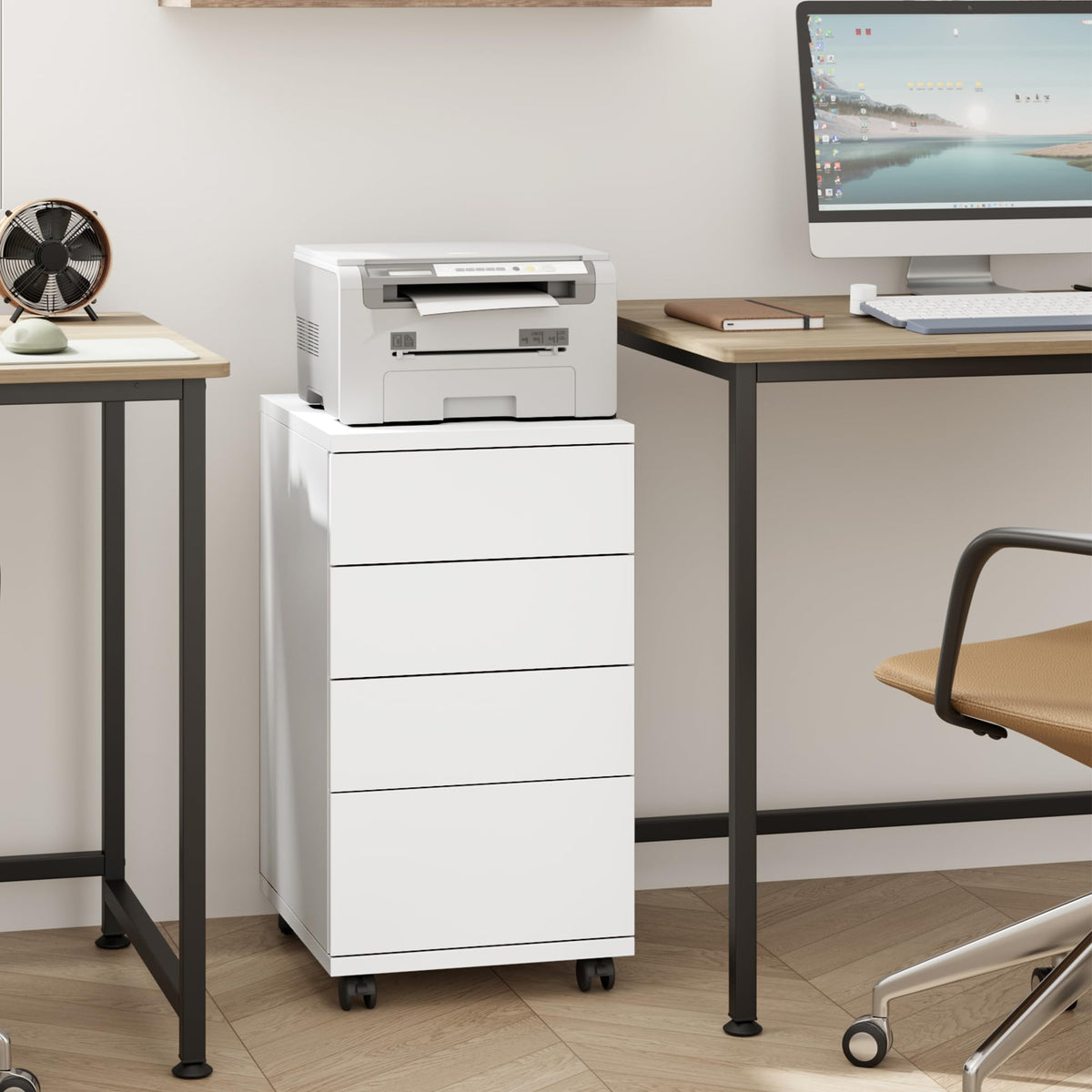 White 4 Drawer Wood Storage Cabinet with Wheels P91763