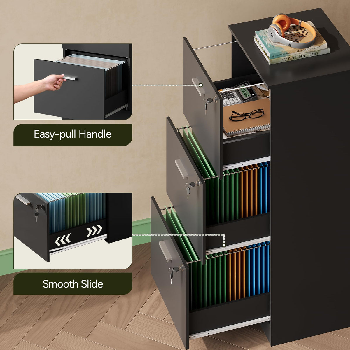 3 Drawer Wood File Cabinet with Lock A72876