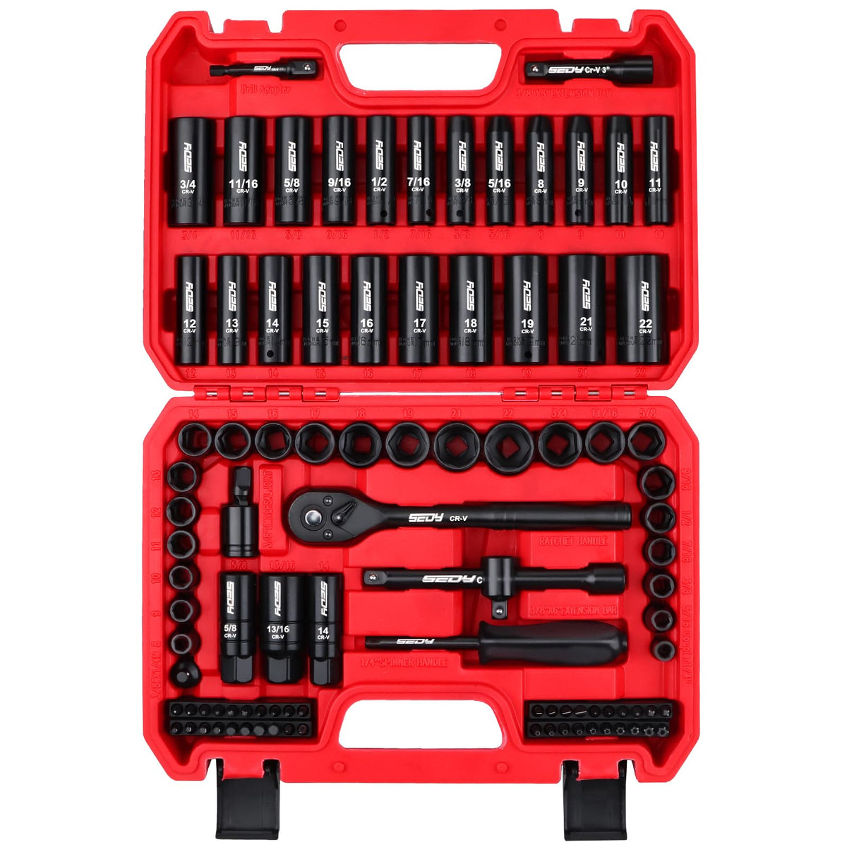 96-Piece 3/8" Drive Impact Socket Wrench and Bit Set, SAE & Metric, Cr-V Standard & Deep Sockets T60291