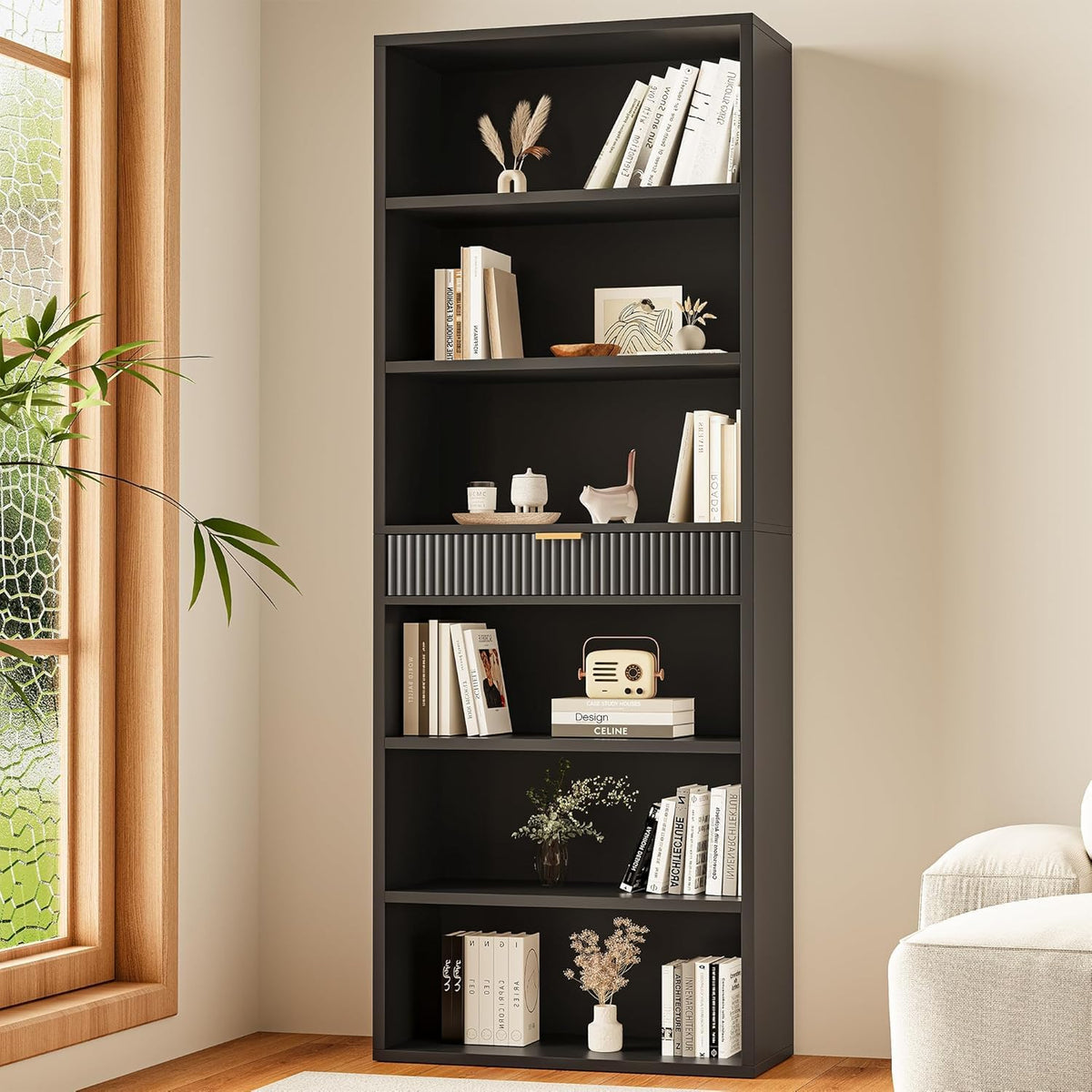 7-Tier Black Bookshelf with Drawer C576