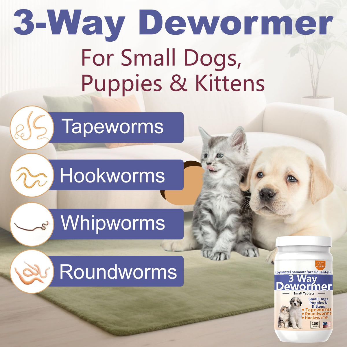 3-Way Dewormer for Small Dogs, Puppies & Kittens, 100 Tablets L7806
