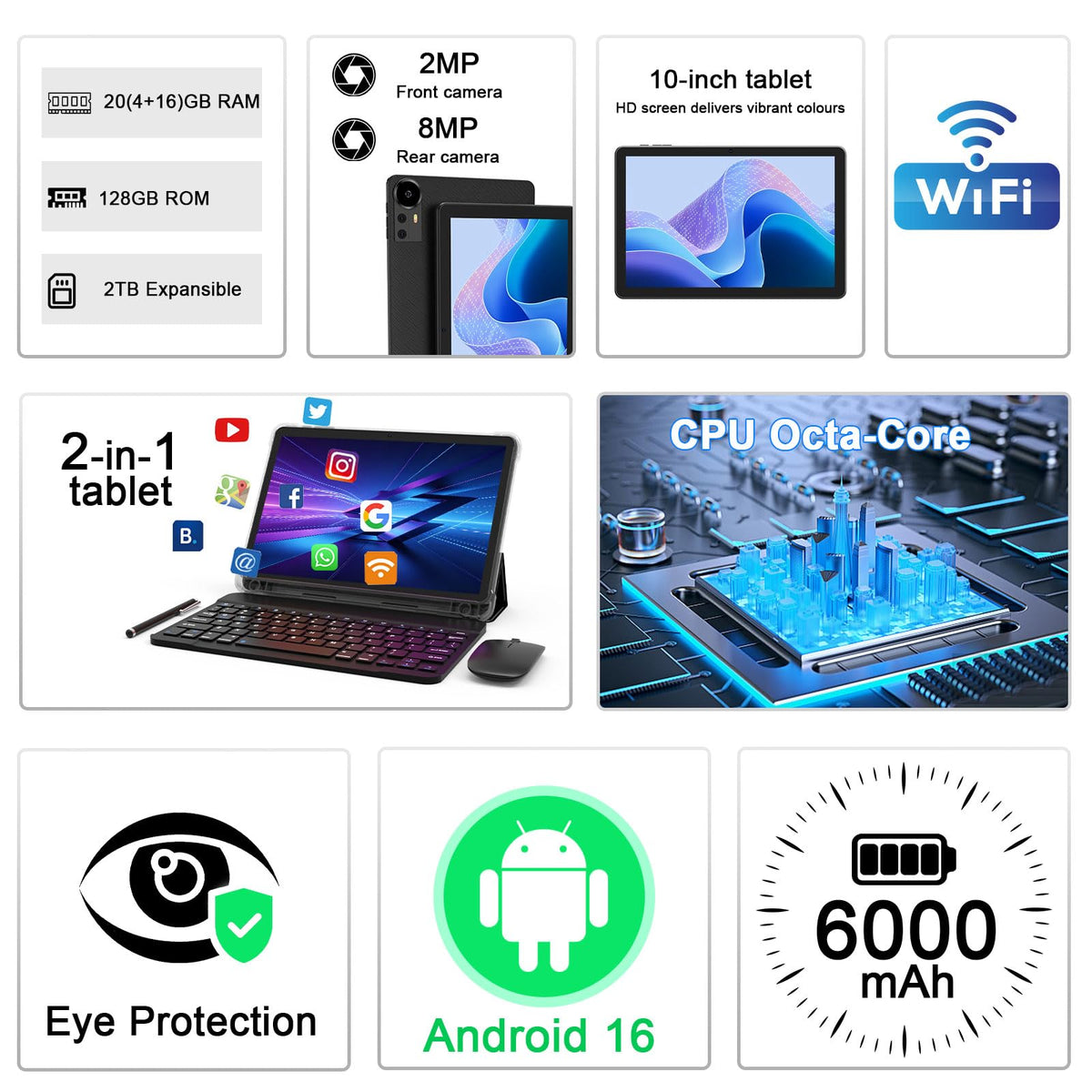 Android 16 Tablet 10 Inch 20GB RAM 128GB ROM Black N4710