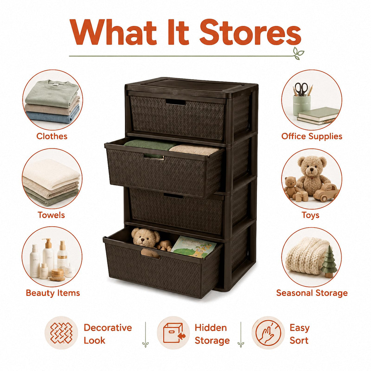 Brown 4 Drawer Plastic Storage Tower I4275