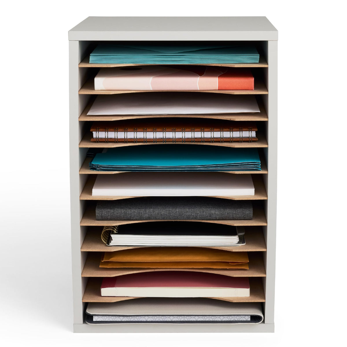 11 Compartment Gray Wood Literature Organizer B349920