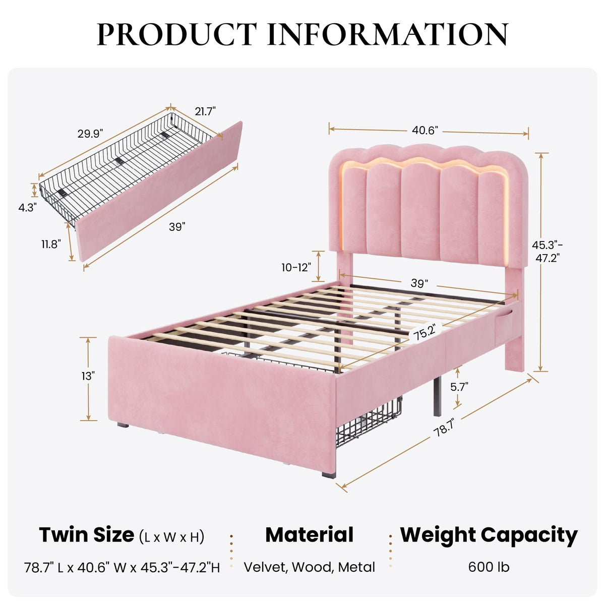 Twin Size Bed Frame with LED Lights and Storage Drawer F139364