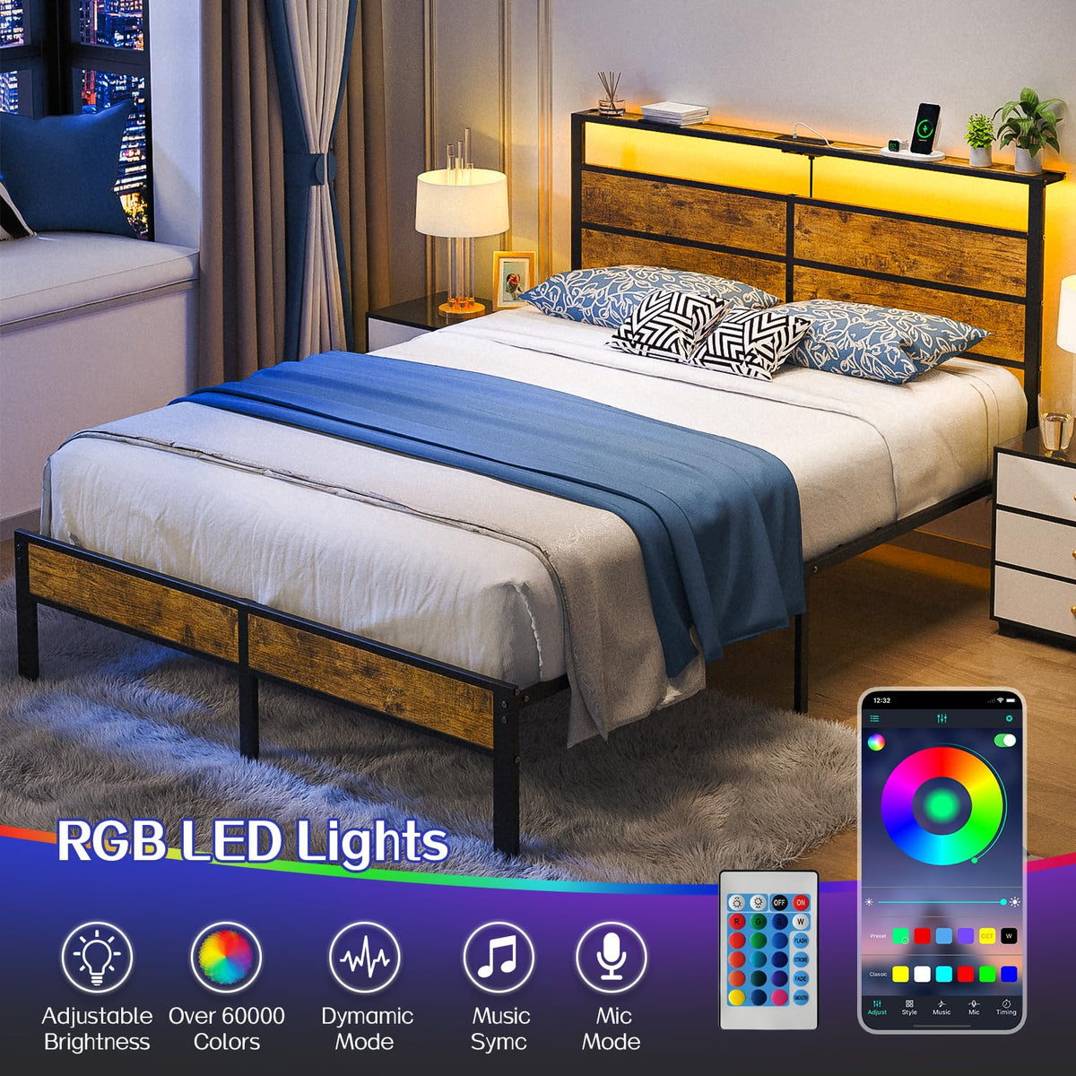 Full Size Platform Bed Frame with Charging Station Headboard and LED Lights X434