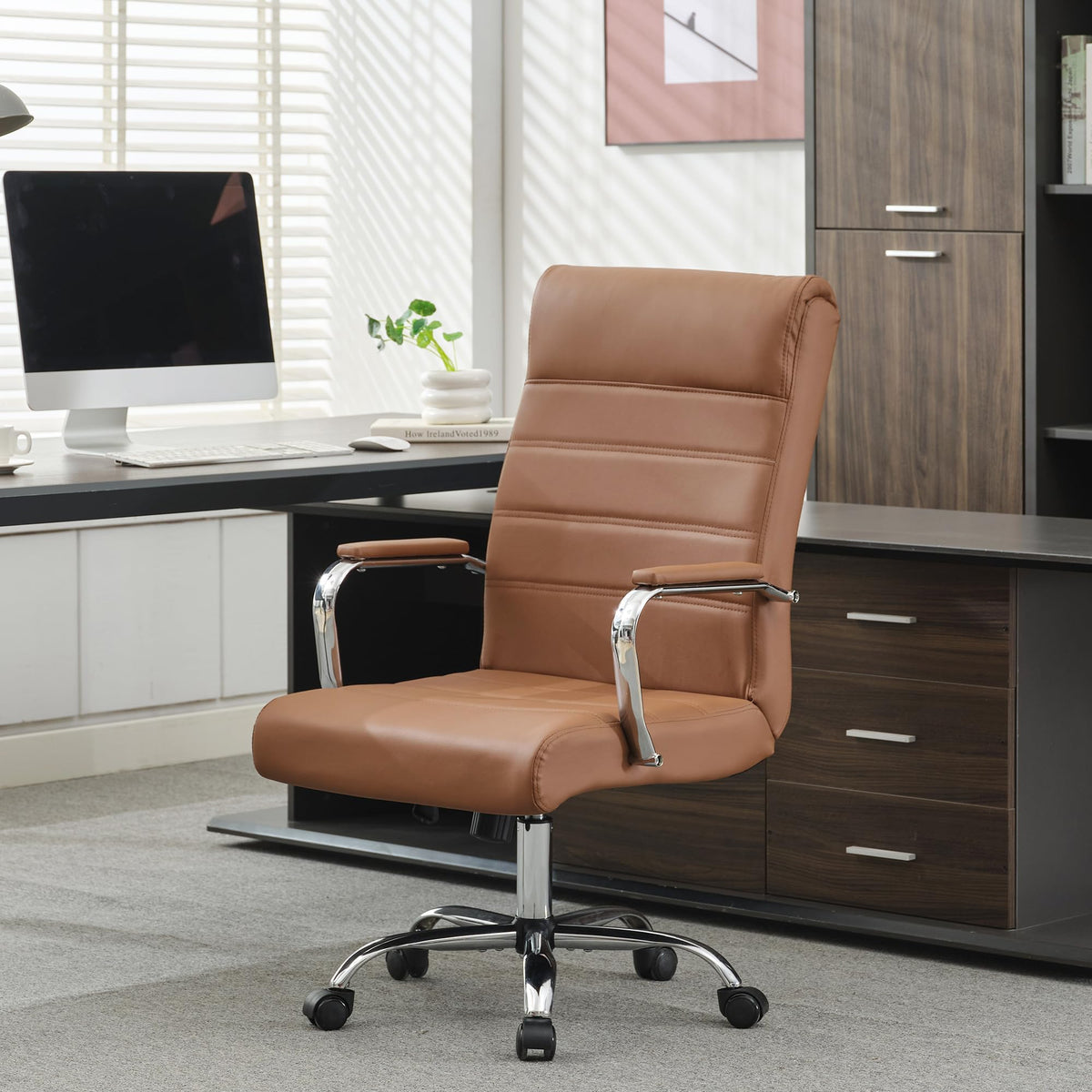 Brown Leather High Back Office Chair with Armrest X572538