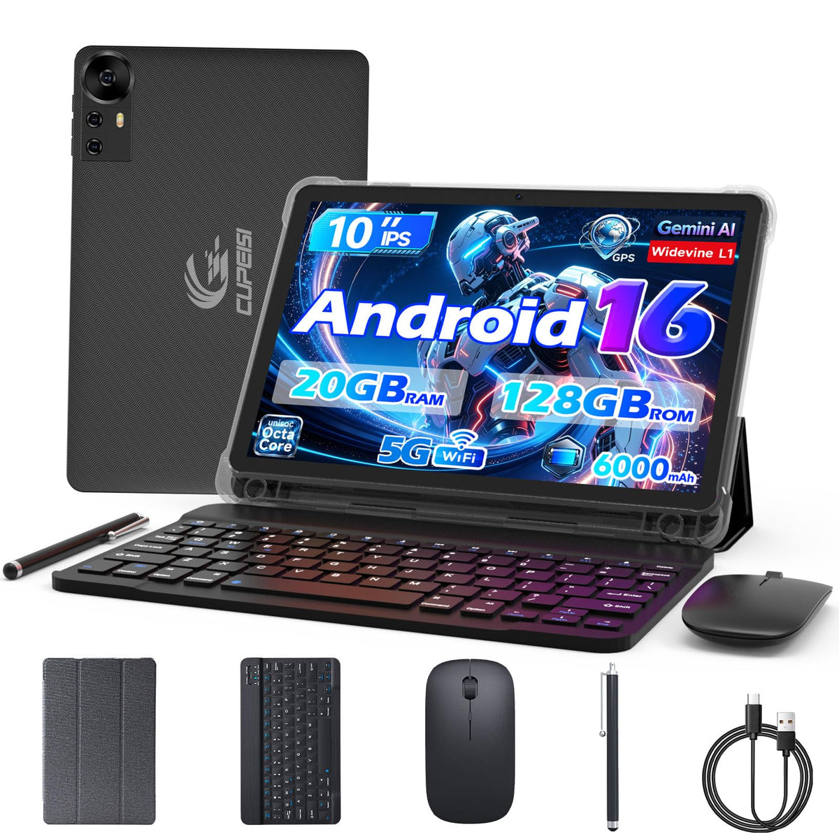 Android 16 Tablet 10 Inch 20GB RAM 128GB ROM Black N4710