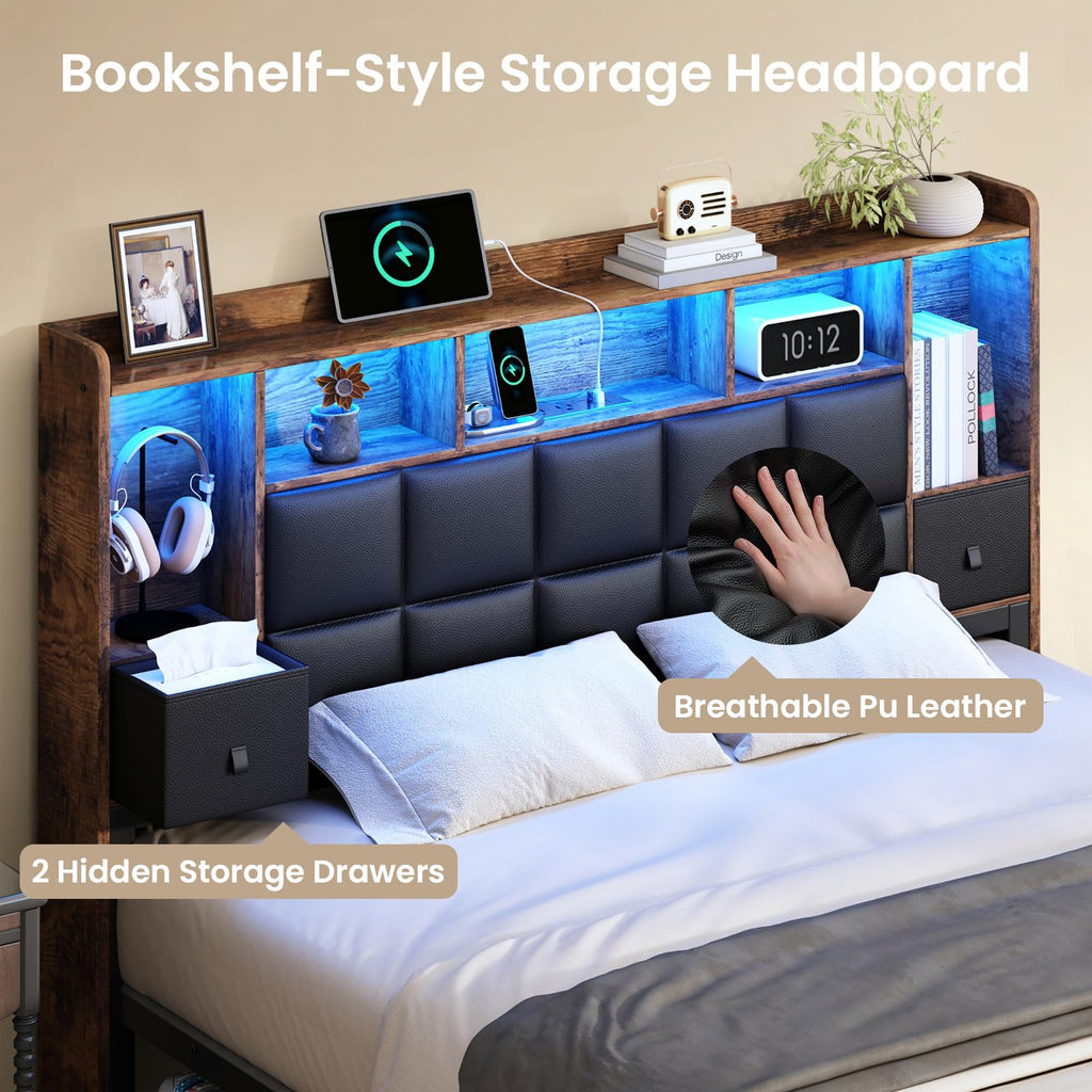 Full Size Platform Bed Frame with LED Light and Charging Station, Black I9300