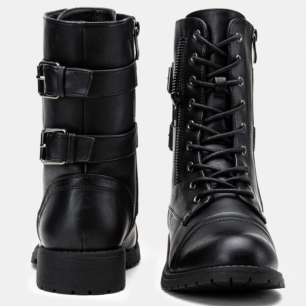 Women's Lace Up Mid Calf Combat Boots with Pocket B7458