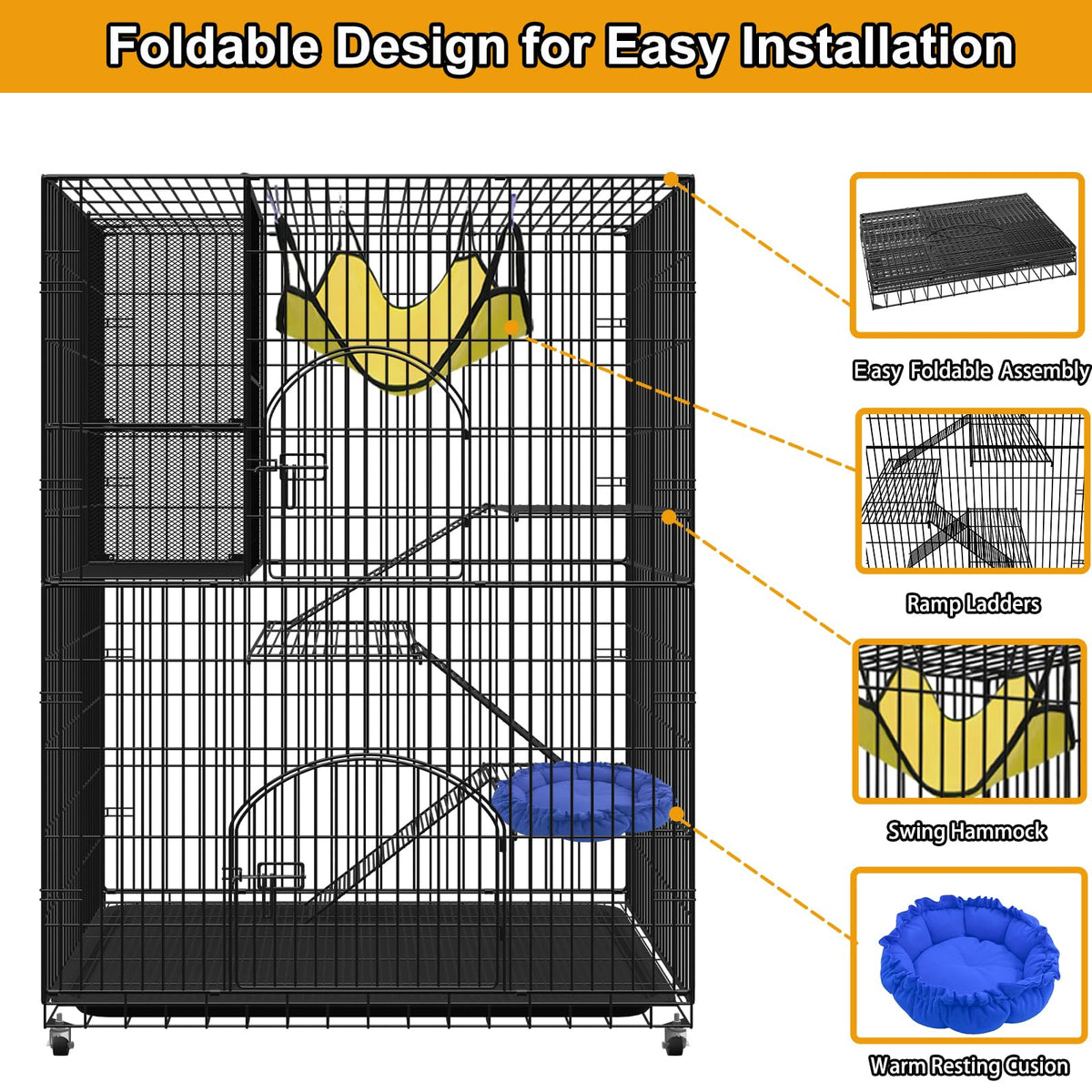 Extra Large 4-Tier Collapsible Cat Cage with Storage Cube F83311