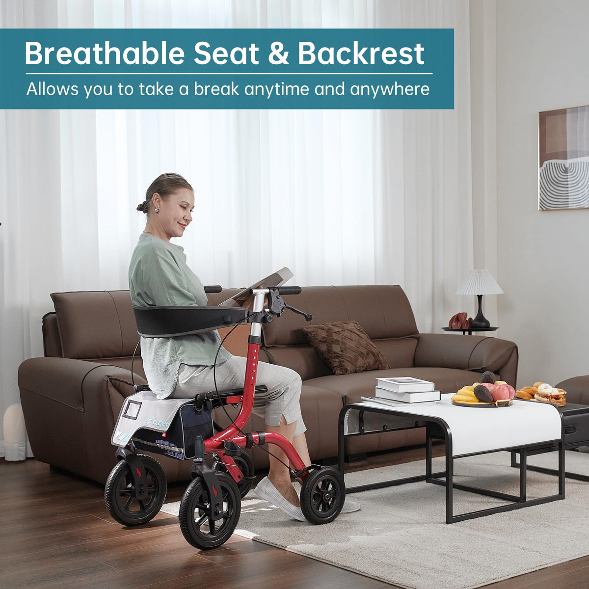 All-Terrain Rollator Walker with Seat, 12” Non-Pneumatic Tire Front Wheels, Compact Folding, Red P8170