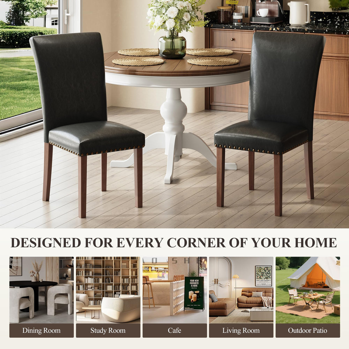 Black Leather Dining Chairs Set of 2 with Wood Legs M5903