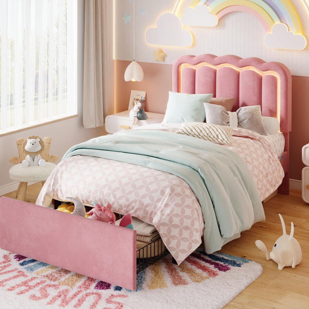 Twin Size Bed Frame with LED Lights and Storage Drawer F139364