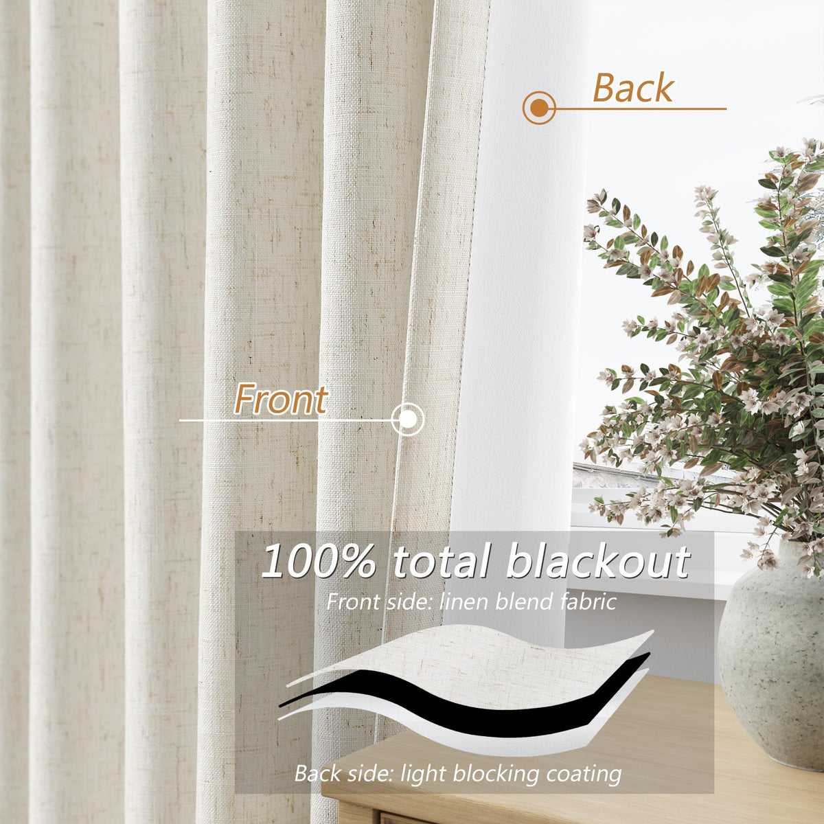 100% Blackout Linen Curtains 108 Inches 2 Panels C128621