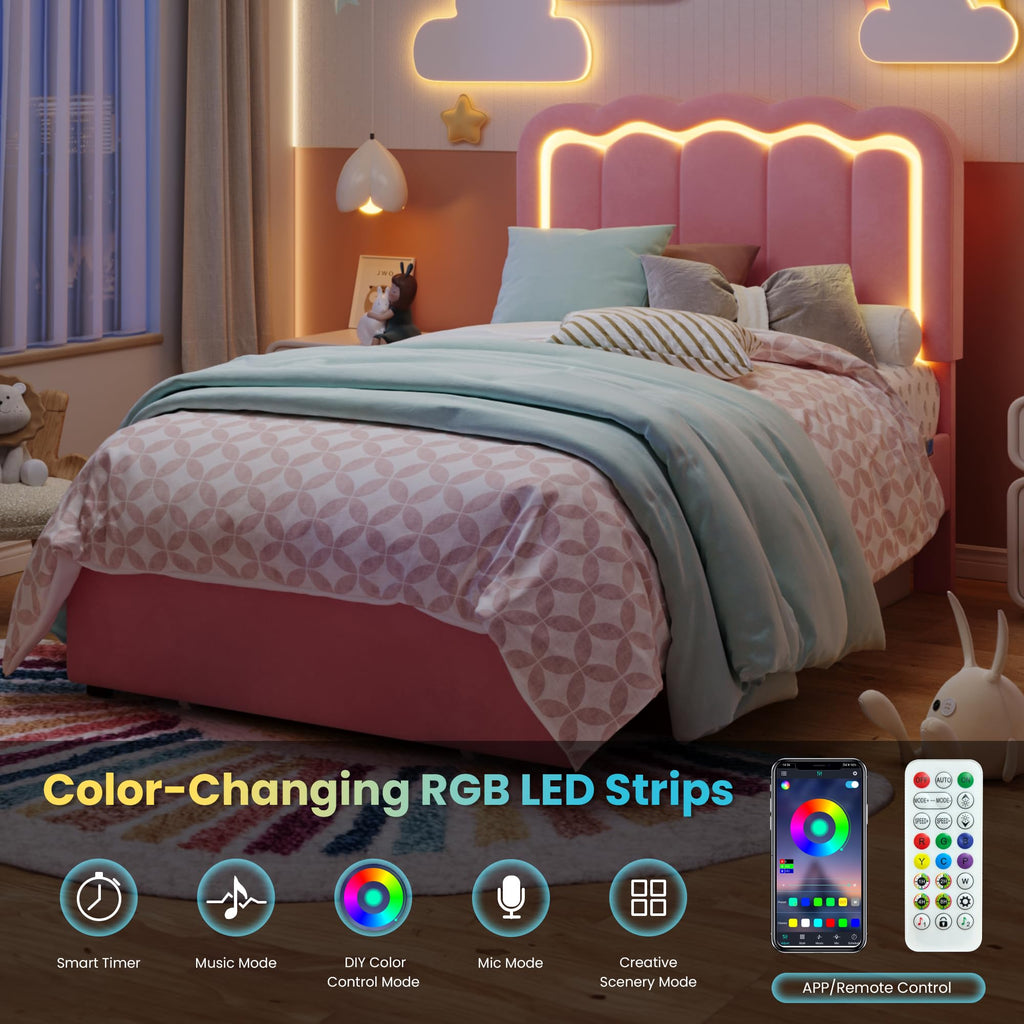 Twin Size Bed Frame with LED Lights and Storage Drawer F139364