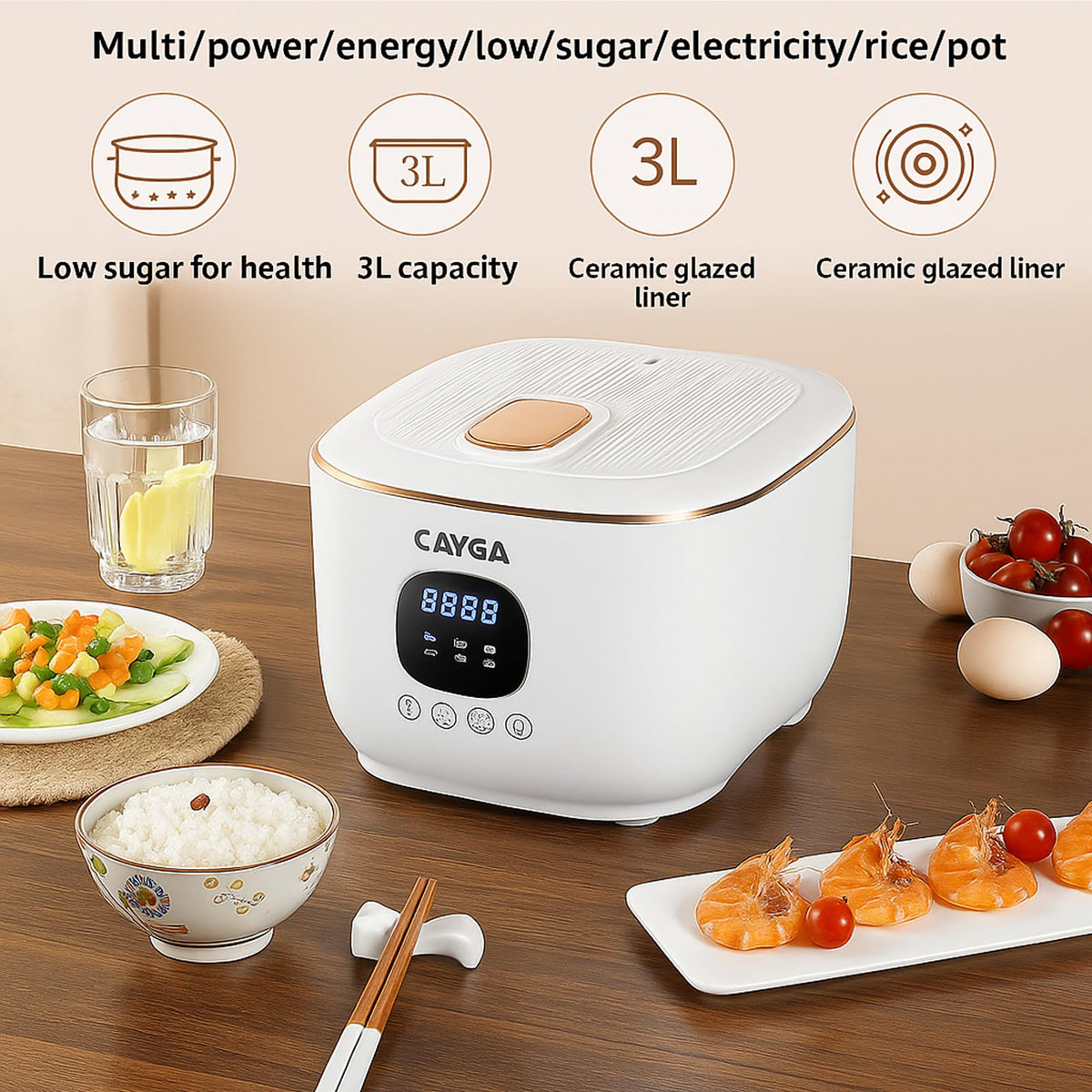 Low Sugar 3L Ceramic Rice Cooker with Steamer Basket R51468