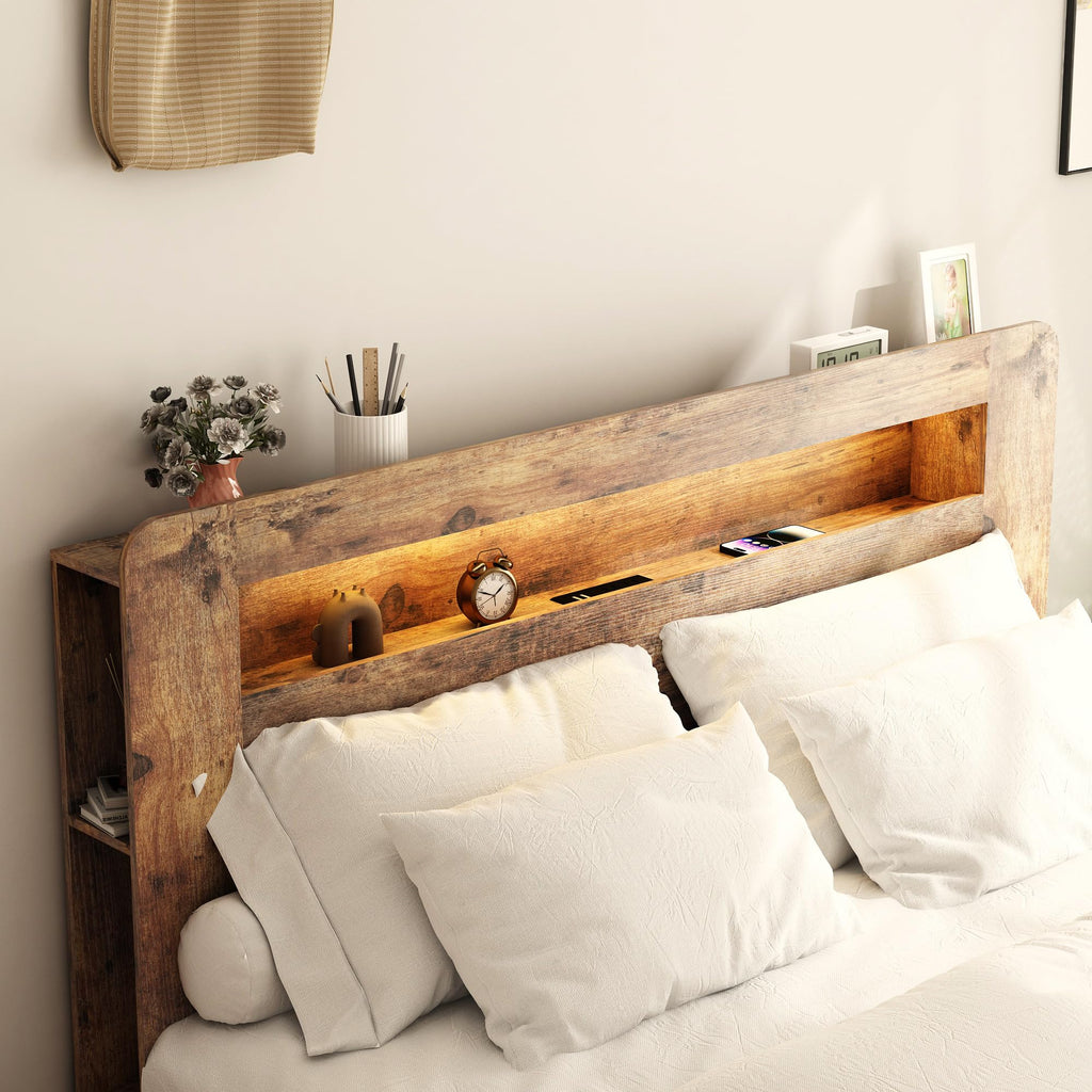 Full Size Dark Brown Wood Platform Bed Frame with Storage N233379