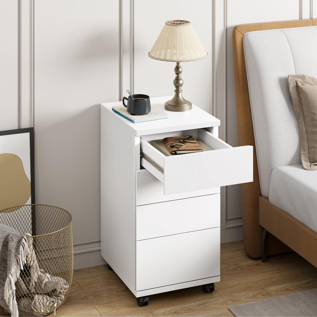 White 4 Drawer Wood Storage Cabinet with Wheels P91763