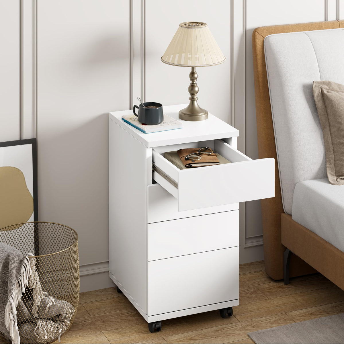 White 4 Drawer Wood Storage Cabinet with Wheels P91763
