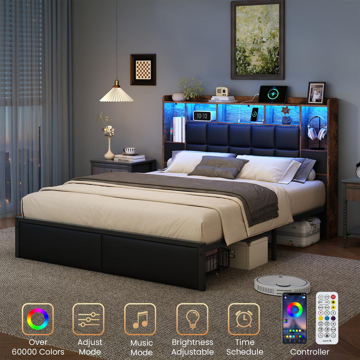Full Size Platform Bed Frame with LED Light and Charging Station, Black I9300