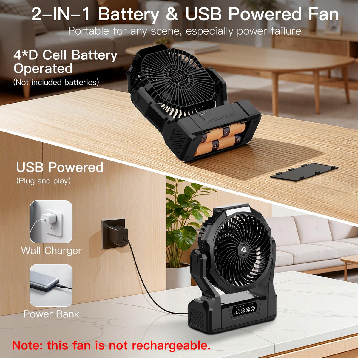 Battery Operated Portable Fan with 4 Speeds, 3 Timers & 2 Light Modes, Black N649