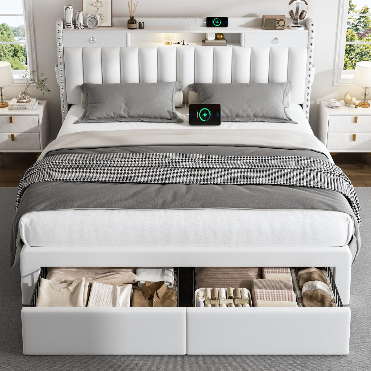 Queen Bed Frame with Storage Headboard and 4 Drawers D520