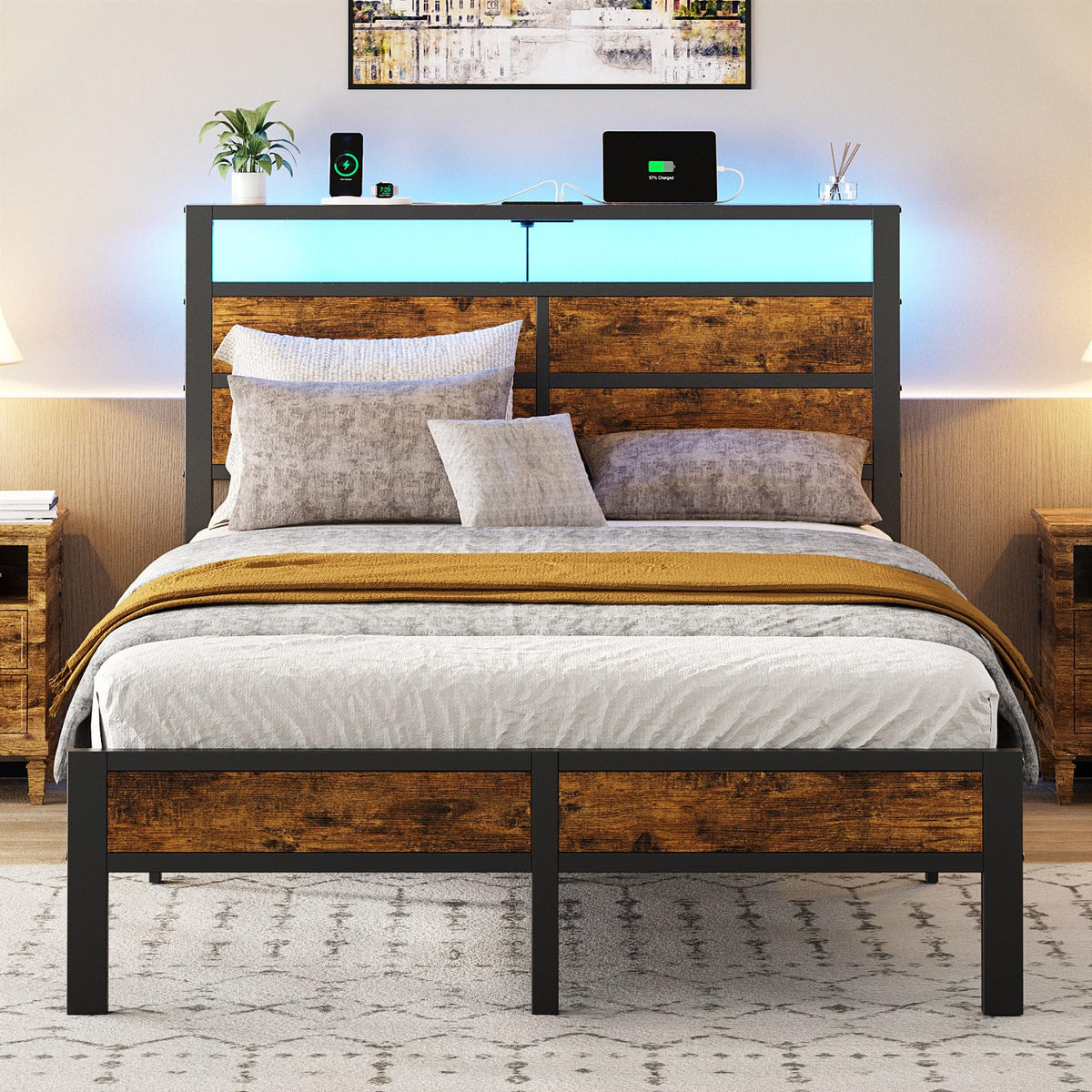 Full Size Platform Bed Frame with Charging Station Headboard and LED Lights X434
