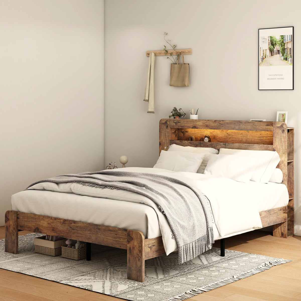 Full Size Dark Brown Wood Platform Bed Frame with Storage N233379