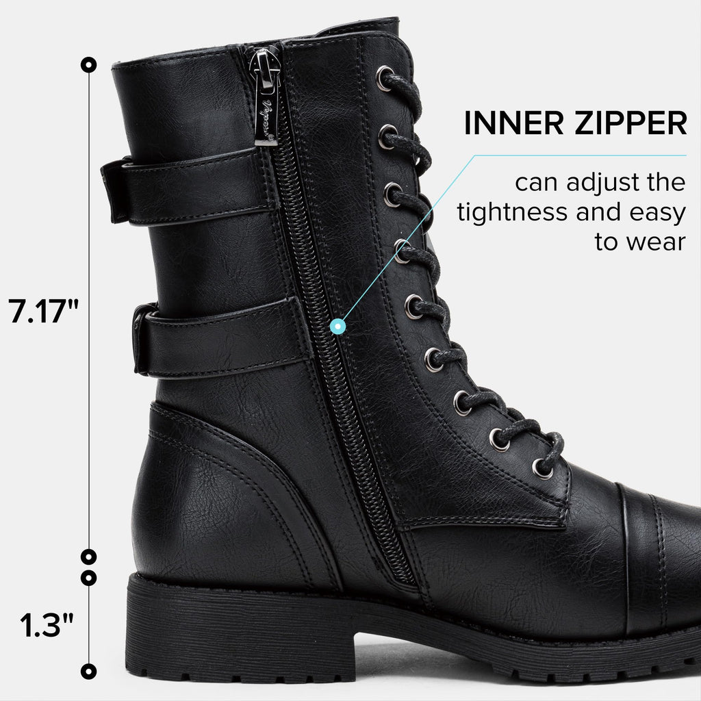 Women's Lace Up Mid Calf Combat Boots with Pocket B7458