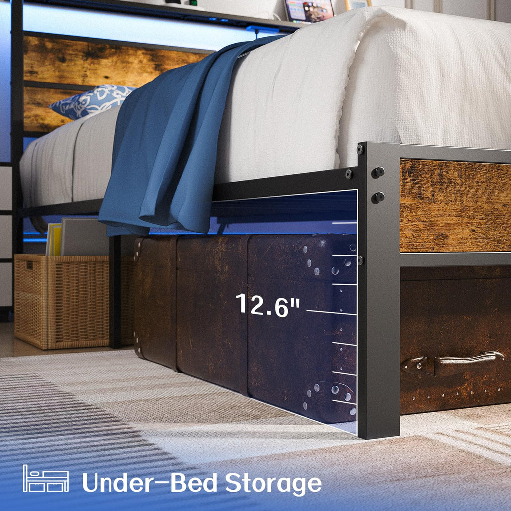 Full Size Platform Bed Frame with Charging Station Headboard and LED Lights X434