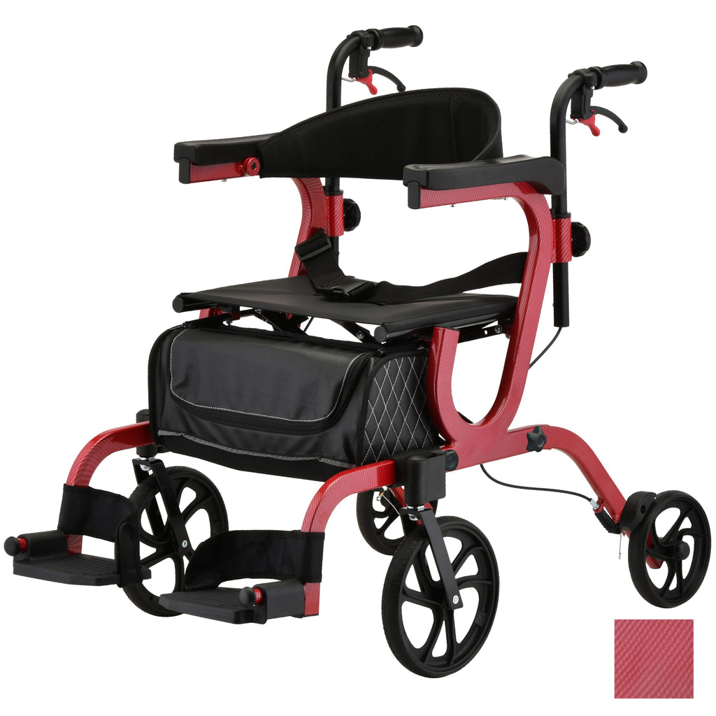 2-in-1 Rollator & Transport Wheelchair with Seat, Red U13484