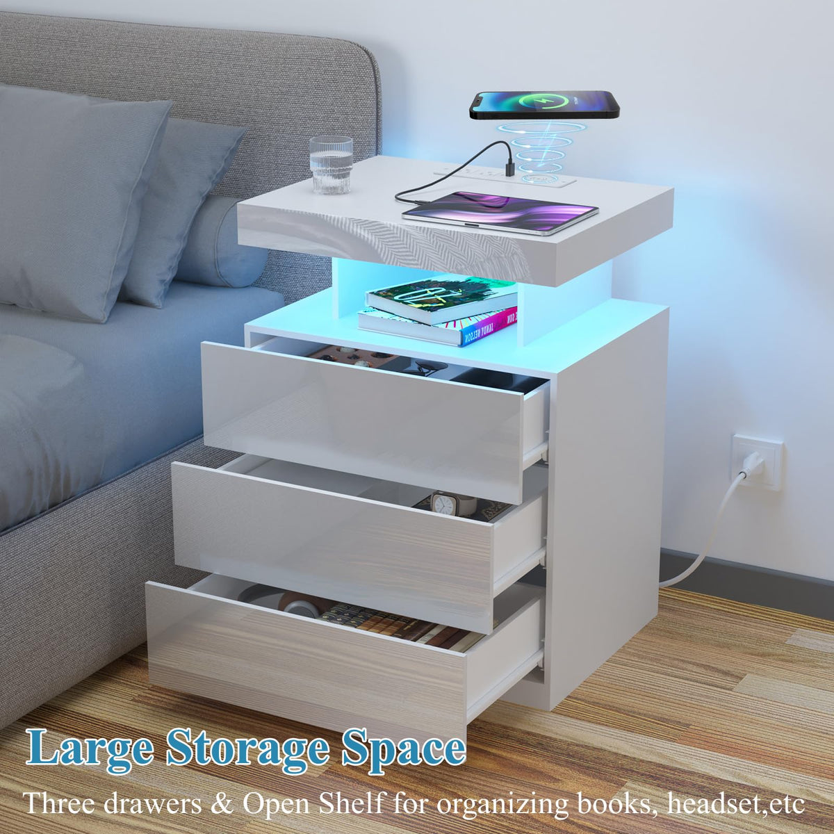 White 3 Drawer Nightstand with Charging Station and LED Light P621410