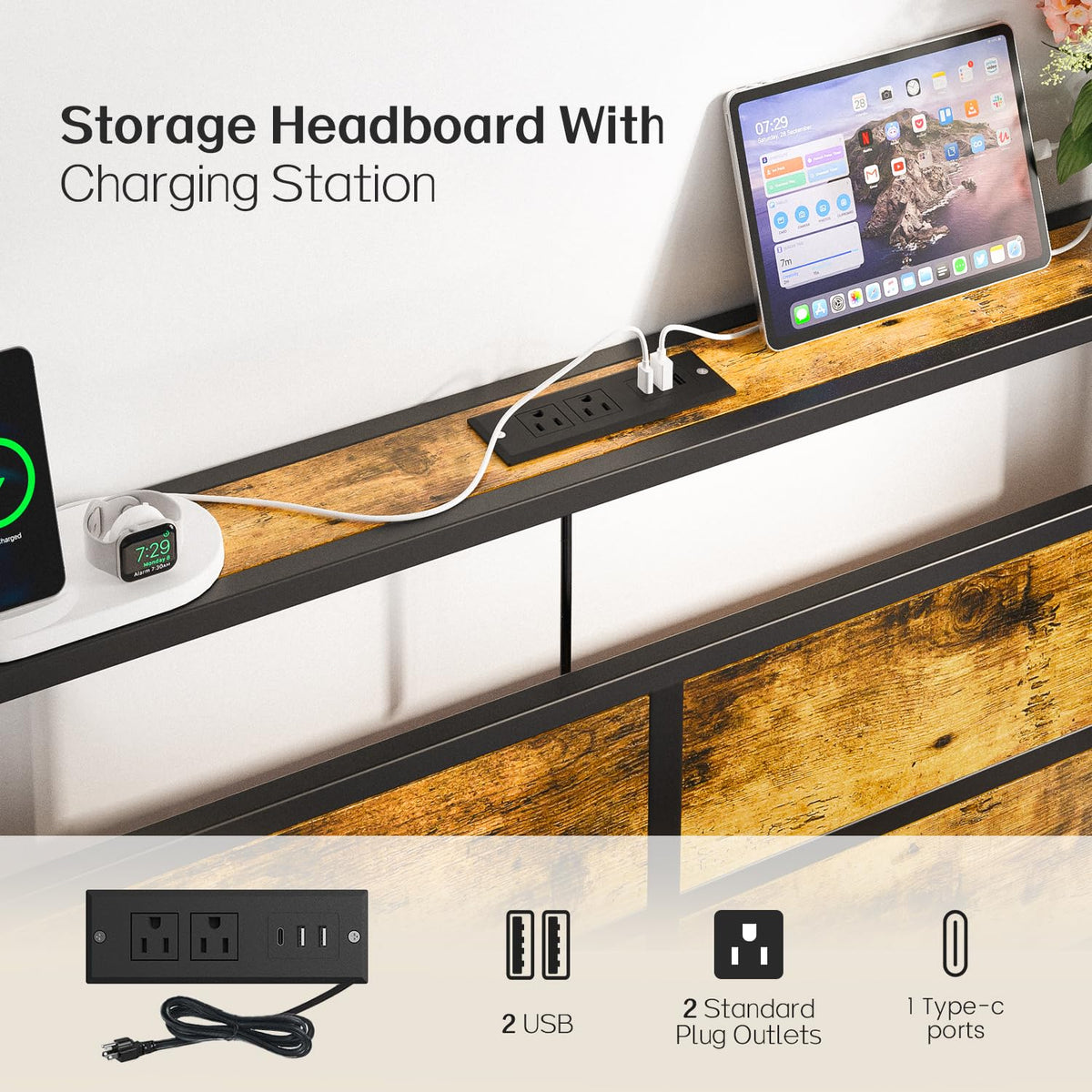 Full Size Platform Bed Frame with Charging Station Headboard and LED Lights X434