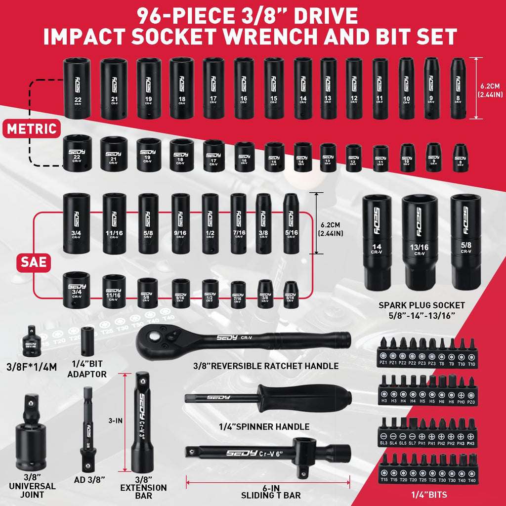 96-Piece 3/8" Drive Impact Socket Wrench and Bit Set, SAE & Metric, Cr-V Standard & Deep Sockets T60291