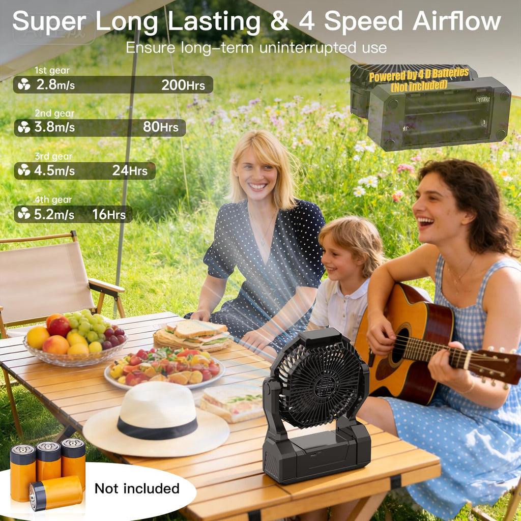 Battery Operated Portable Fan with 4 Speeds, 3 Timers & 2 Light Modes, Black N649